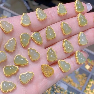 Natural Hetian Jade Gourd Pendant Accessories DIY Hand-inlaid Ancient Gold Enamel Necklace Jade Pendant
