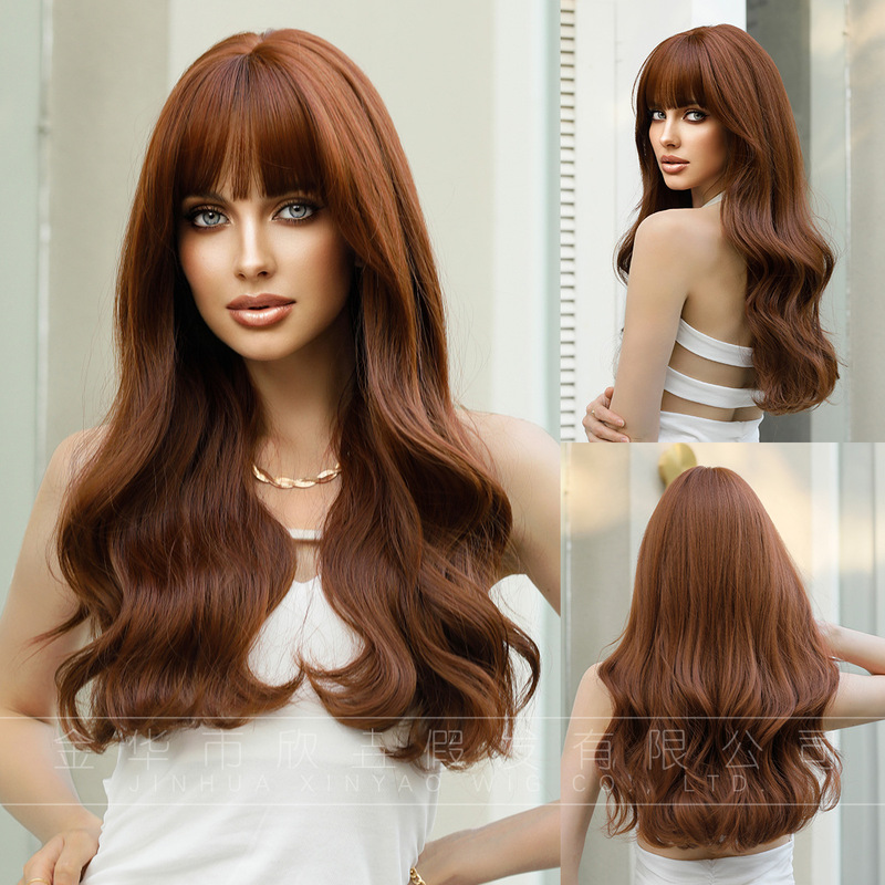 Wig for Women with Dark Orange Long Curly Hair and Bangs, Daily Full Headgear, Fashionable and Natural Appearance for Girls to Use