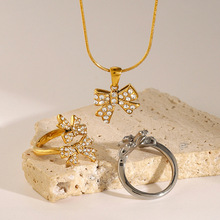 原创款不锈钢蝴蝶结水钻开口戒指女ins时尚可爱小清新蝴蝶结项链