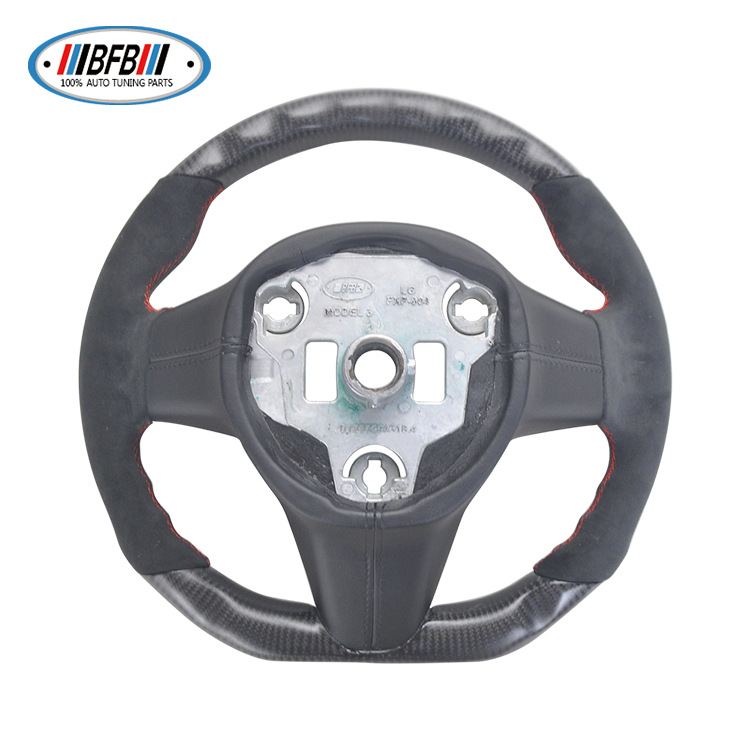 100% Real Carbon Fiber Matte Black Steering Wheel with Black Suede and Red Stitching - For Tesla Model Y - Steering Wheel Modification