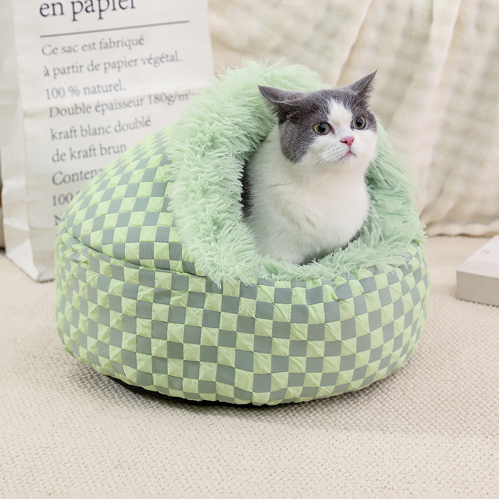 Cálido invierno nido para mascotas concha nido para gatos semicerrado nido de algodón de felpa engrosado caseta para perros semicerrada cama para perros