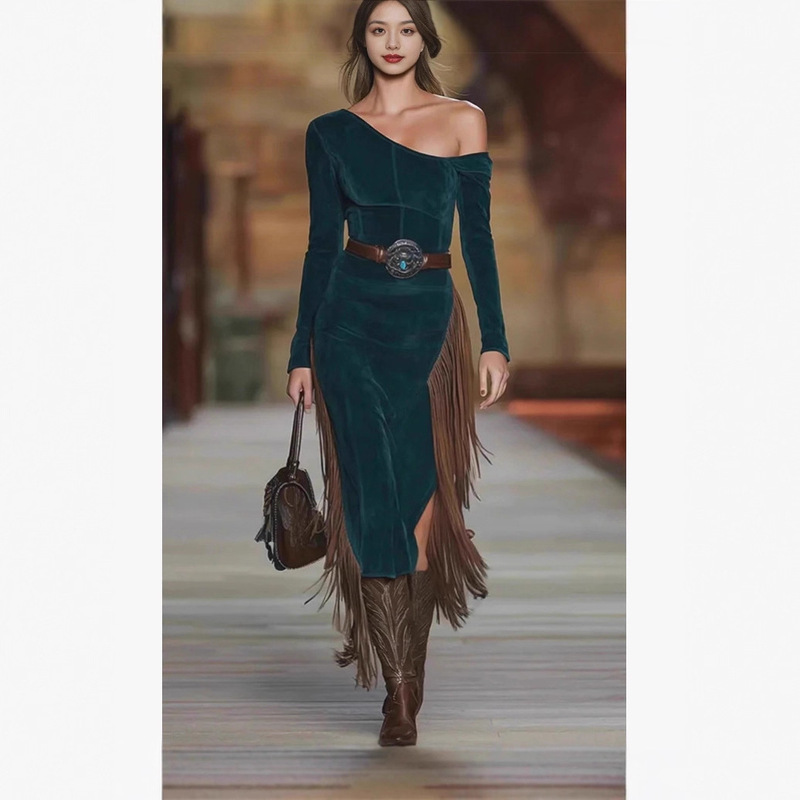 2025 Cross-Border New European and American Ins Slanted Shoulder Tassel Cocktail Dress Party Skirt Sexy Slimming Long Skirt 2025 Cross-Border New European and American Ins Slanted Shoulder Tassel Cocktail Dress Party Skirt Sexy Slimming Long Skirt