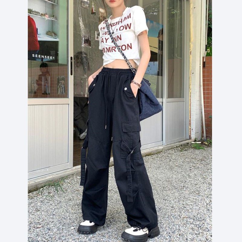 Korean Style Ins Fashionable Loose Straight High Waist Slimming Black Handsome Overalls Women's Straight Leg Casual Pants