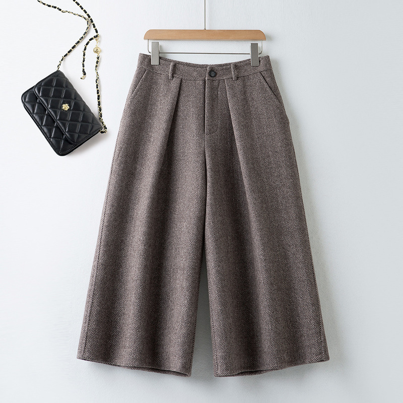 9950 High-End Double-Sided Woolen Three-Quarter Wide-Leg Pants for Women 2025 Popular Winter Loose Herringbone Pants