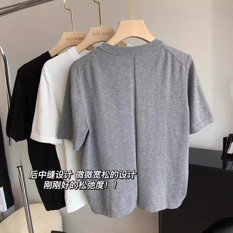 ROW wind back mid-seam simple cotton round neck short-sleeved sweater T-shirt summer new women's D0314Y