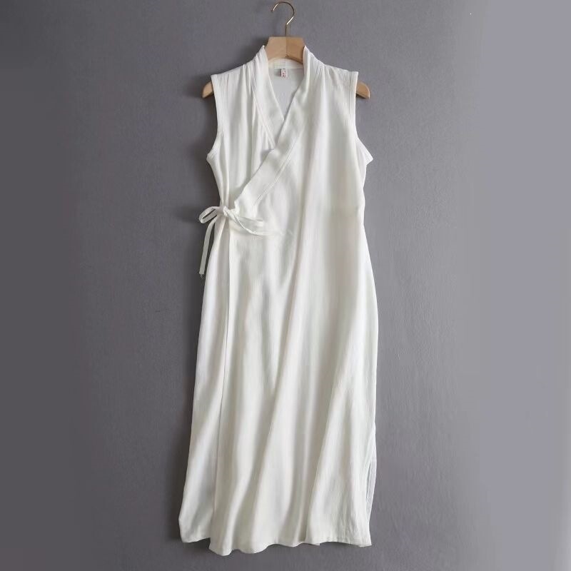 Plus Size 150kg Ethnic Style One-Piece Tie-Up Cross-Collar Improved Hanfu Qipao Dress Sleeveless Vest Style