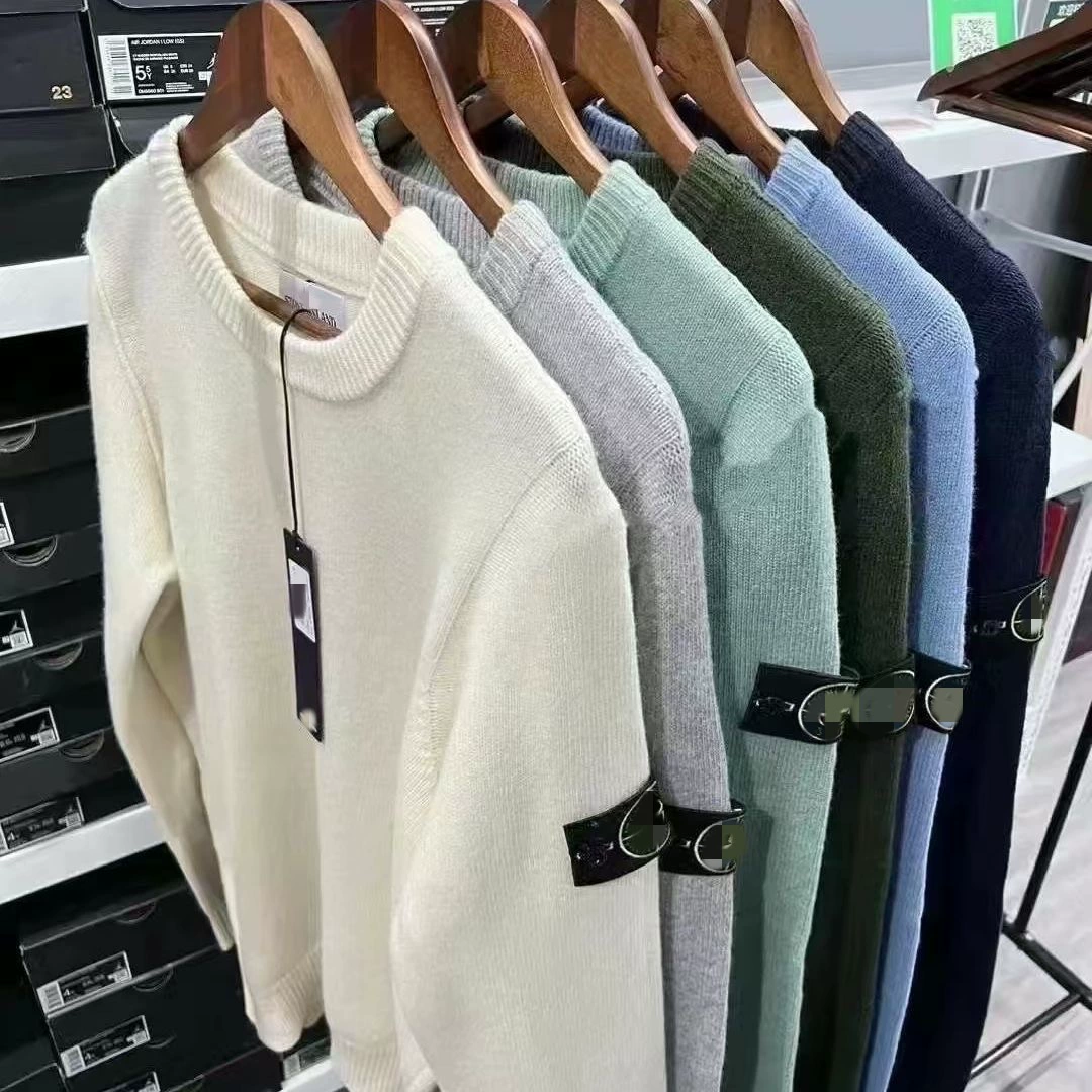 跨境欧美潮流圆领Stone石头侧标袖标毛衣秋冬保暖情侣套头长毛衣