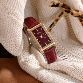 歌迪高级感安可拉红方形气质石英表极简风女士复古皮带石英手表