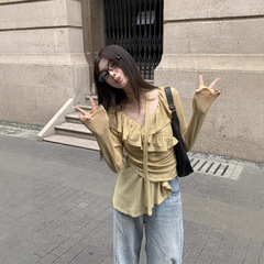 实拍 纯欲甜美荷叶边飘带一字肩收腰褶皱T恤不规则上衣女装86855
