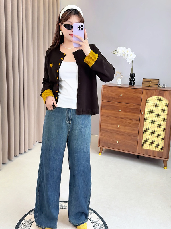 爱元25年新款秋季大码女装针织衫刺绣爱心撞色针织开衫F585|undefined