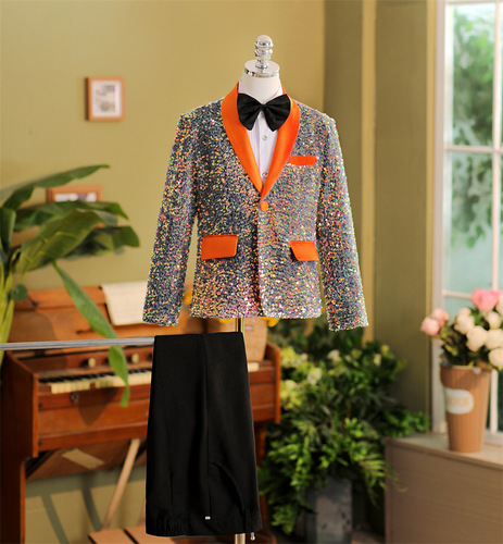 Kids british styles boy orange sequins jazz dance blazers music production model show performance coats children flower boys formal dress suit for children