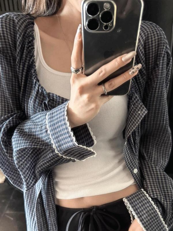 覆古格子衬衫外套女2025春秋设计款领口抽绳袖口蕾丝防晒格纹开衫|undefined