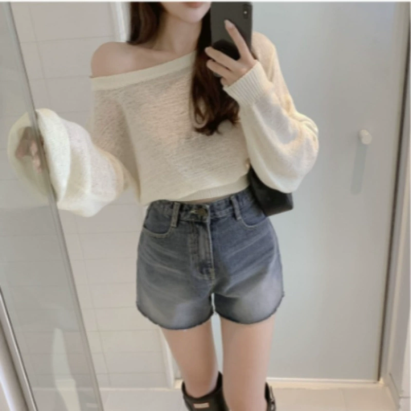 Корейский шикарный летний повседневный универсальный солнцезащитный крем с открытыми плечами и длинными рукавами, однотонный трикотаж