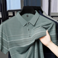 中年男士短袖T恤冰丝POLO衫爸爸装真口袋条纹翻领衬衫夏季上衣服