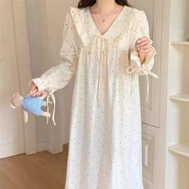 睡衣女长袖春秋季牛奶丝新款学生款长袖花边波点卡通甜美睡裙女家