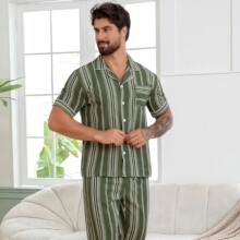 跨境新品亚马逊男家居服套装可外穿舒适简约短袖长裤睡衣男外贸