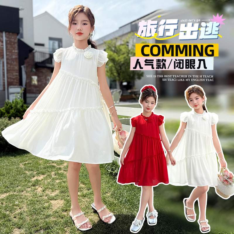 Girls Dress Summer 2025 New Style Chiffon Fashionable Medium and Large Children's Summer Thin Princess Dress