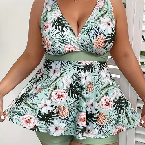 European and American printed split swimsuit for women, high-waisted spaghetti strap bikini, fashionable hot spring swimsuit