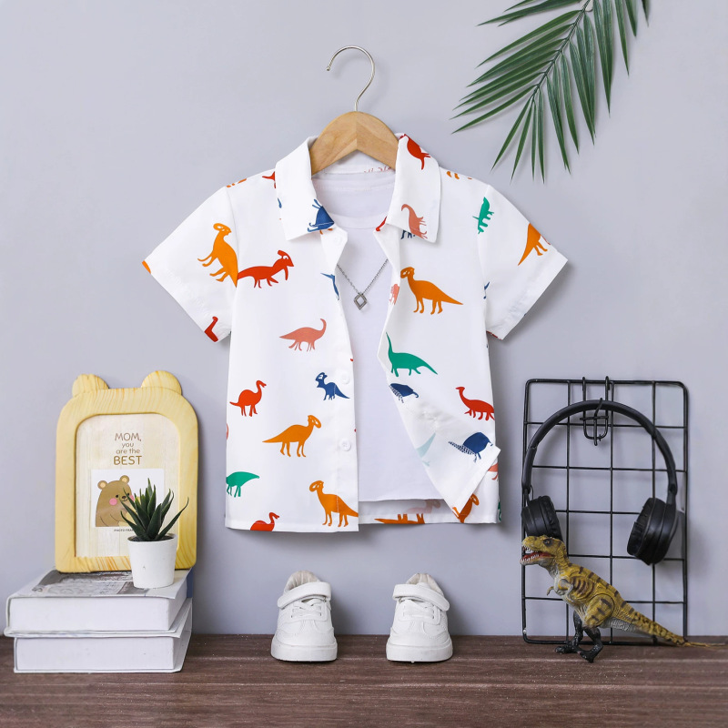 Factory Direct Sale Pure White Dinosaur Print Short-Sleeved Shirt Summer Lapel Shirt Versatile Breathable Casual Two-Piece Set