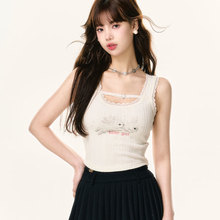 【原版面料】韩版新款蕾丝边小兔子印花吊带背心设计感上衣女设计