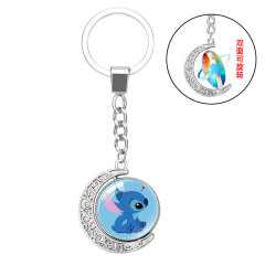 創意卡通月牙雙面可旋轉水晶鑰匙圈史迪仔吊墜車包鑰匙鏈掛件