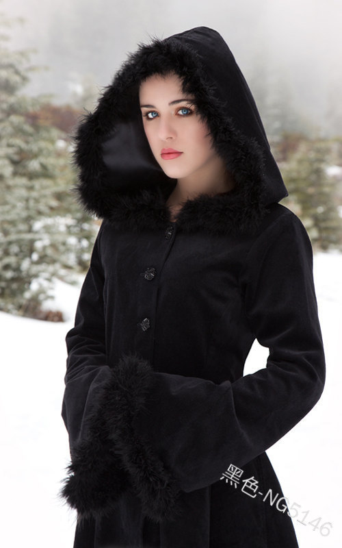 Womens Gothic Overcoat Fur Hooded Jacket Outwear Lang Coat Sim Fit