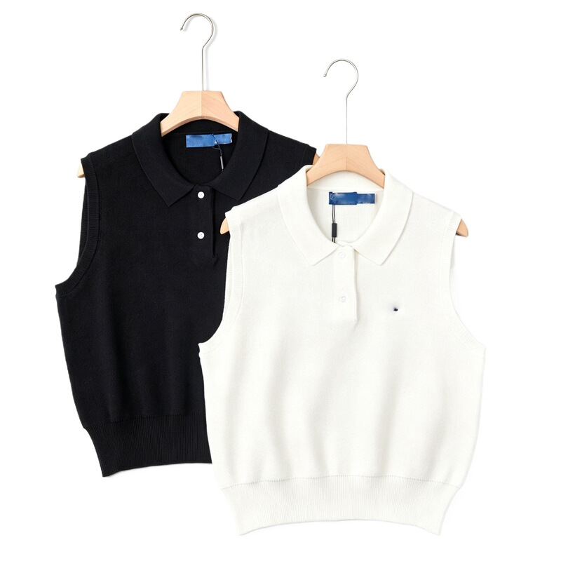 American Single Export Polo Collar Sleeveless Knitted Vest for Women, College Style Button-Up Vest, Black and White Versatile Top