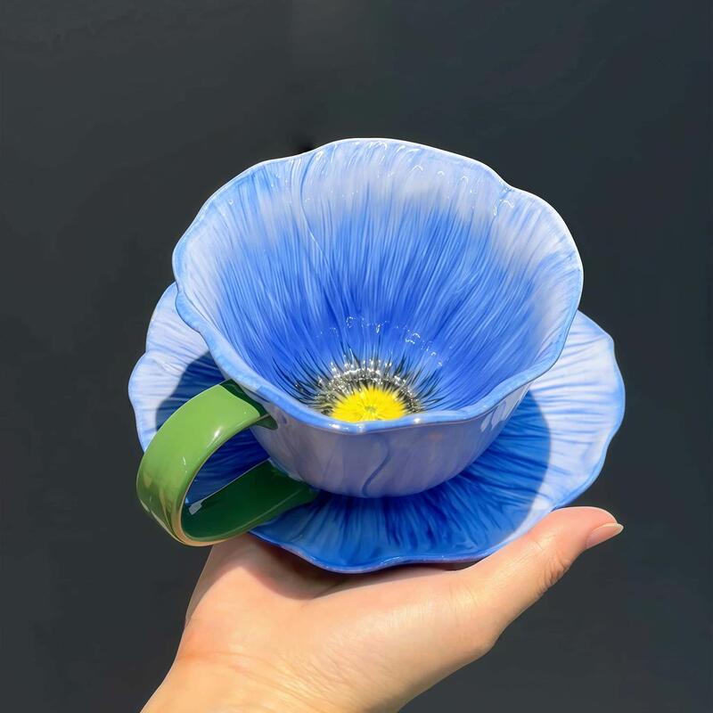 Poppy Flower Ceramic Cup Texture Lily of the Valley Coffee Cup Set Ceramic Mug Underglaze Color Water Cup Ready for Sale