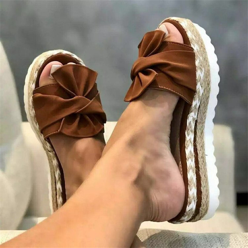 Europe, America and Africa Foreign Trade Thick Bottom Bow Slippers Women's Off-line Wedge Heel Miffin Large Size Thick Bottom Slippers Women's Shoes