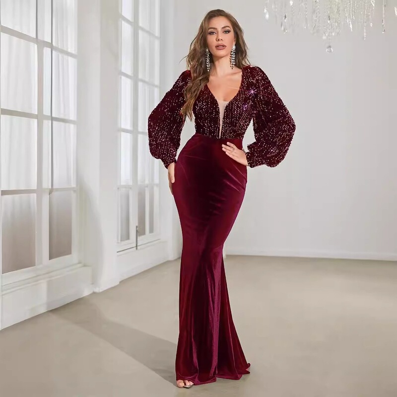 Sequin Gown Dress with Deep Backless Design, Hand-Beaded Long Sleeves, Sequin Patchwork Velvet Long Dress-A612