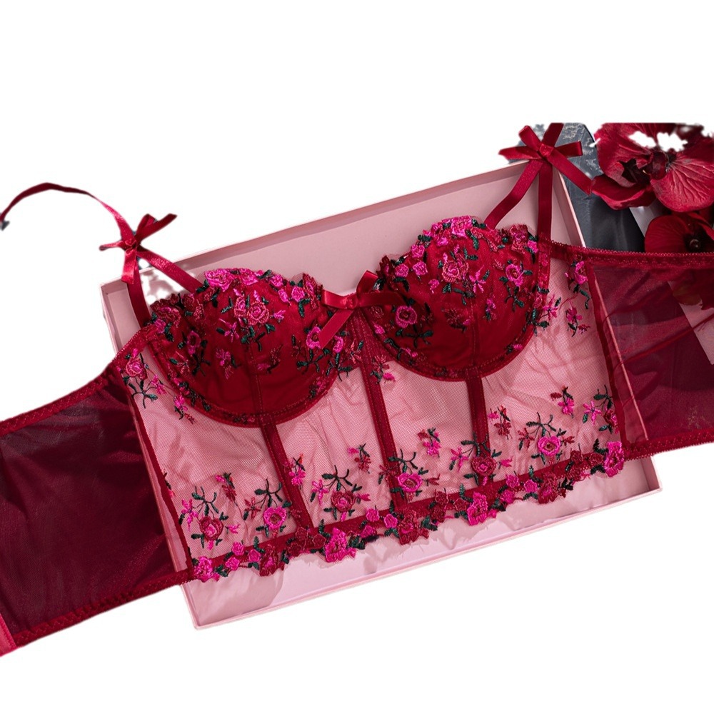 Women's Clothing Steel Ring Bra Embroidered Floral Bow Small Sling Fishbone Three Row Buckle Adjustable_voghion.com