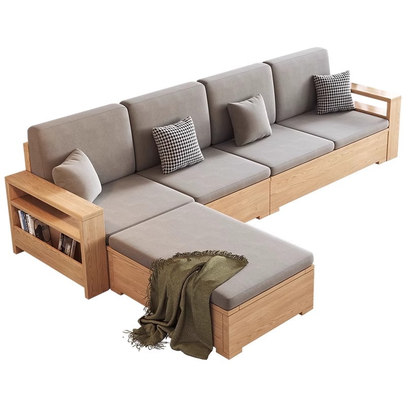 Sofá de madera sólida nórdica sofá de tela de madera de cera blanca simple sala de estar doméstica de madera de madera de tres filas