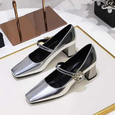 5288-K86 Retro European and American style banquet women&apos;s shoes with thick heel, shallow mouth square toe rhinesto
