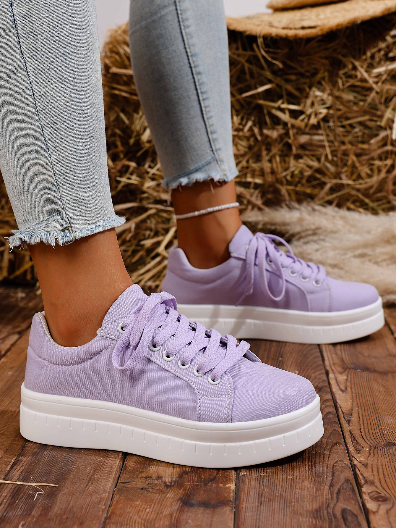 Women's Lace-up Casual Trainers For Women Round Toe Thick Sole_voghion.com