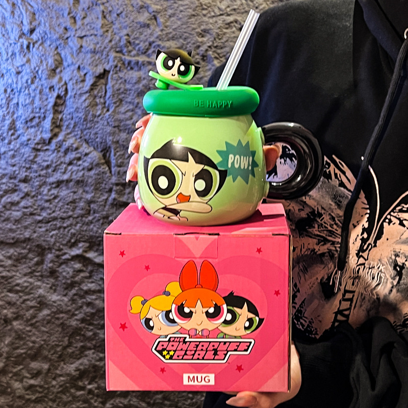 Taza de cerámica para niñas y niños con tapa, pajita, lindo regalo de cumpleaños, taza de agua para parejas en casa