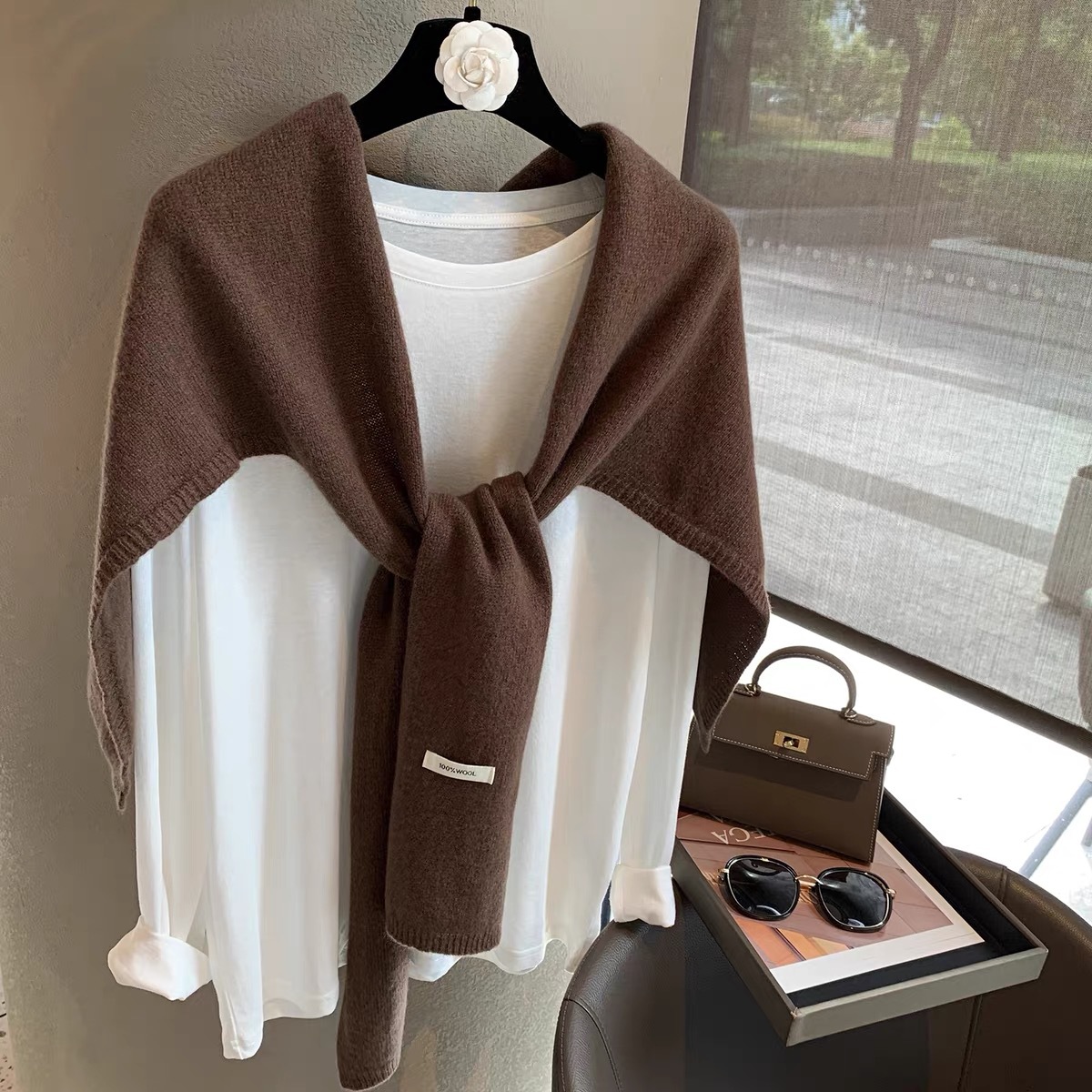 Australian All-Wool Knitted T-Shaped Shawl for Women in Autumn and Winter New Coffee Color Warm Neck Protector Vest Scarf for Women