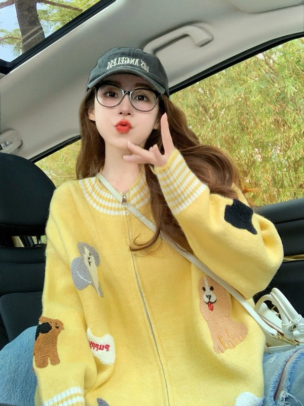 蓝色小狗毛巾绣毛衣外套女2025新款秋冬复古减龄宽松针织开衫加厚|undefined