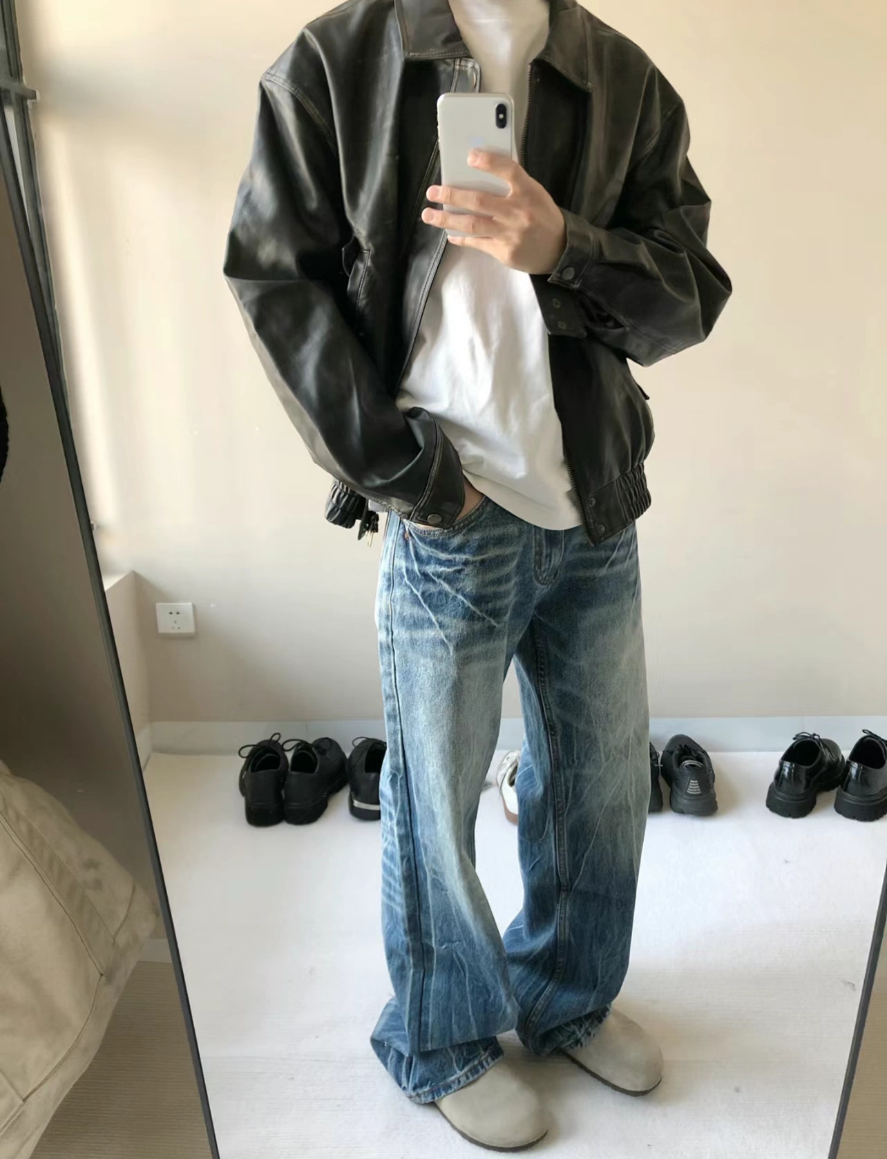 Vintage Washed Lightning Bolt Jeans Straight Leg Denim Pants_voghion.com