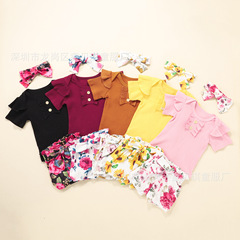 跨境專供外貿夏季新款坑條胸牌扣短袖哈衣腰帶印花小短褲頭飾五色