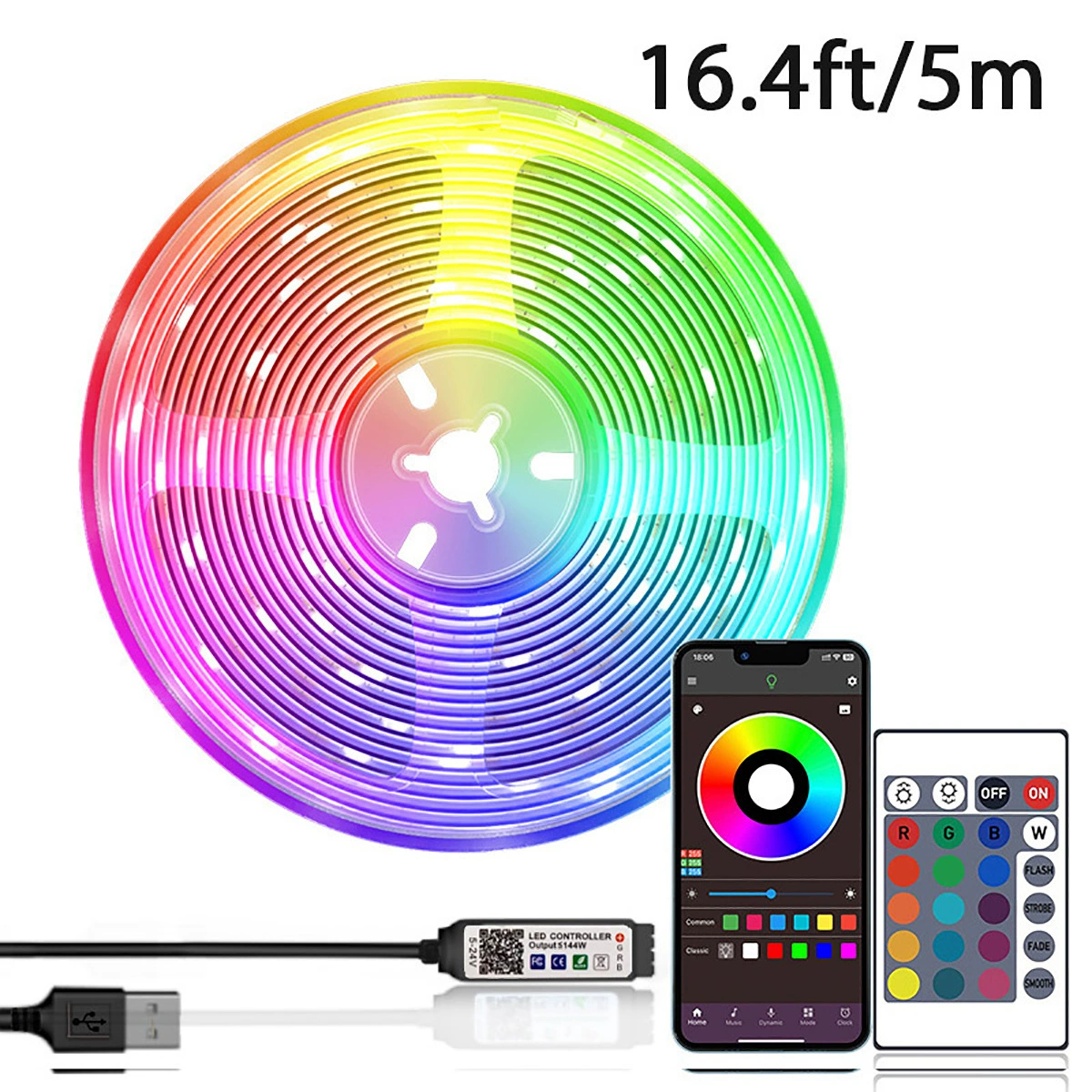 Накладная светодиодная лента RGB 5050 5В, многоцветная с регулируемой яркостью, управление Bluetooth/инфракрасное
