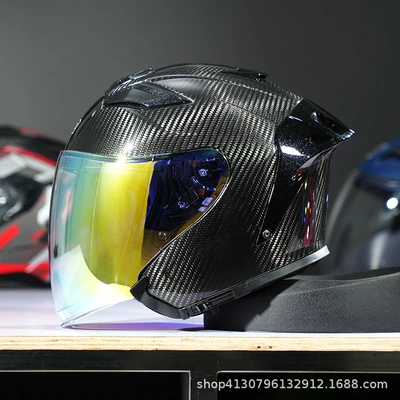 Motosiklet kaskı (dəbilqə) – Carbon Fiber 3/4 Helmet Electric - 3k-bright-black-transparent-gold-green-lens-m