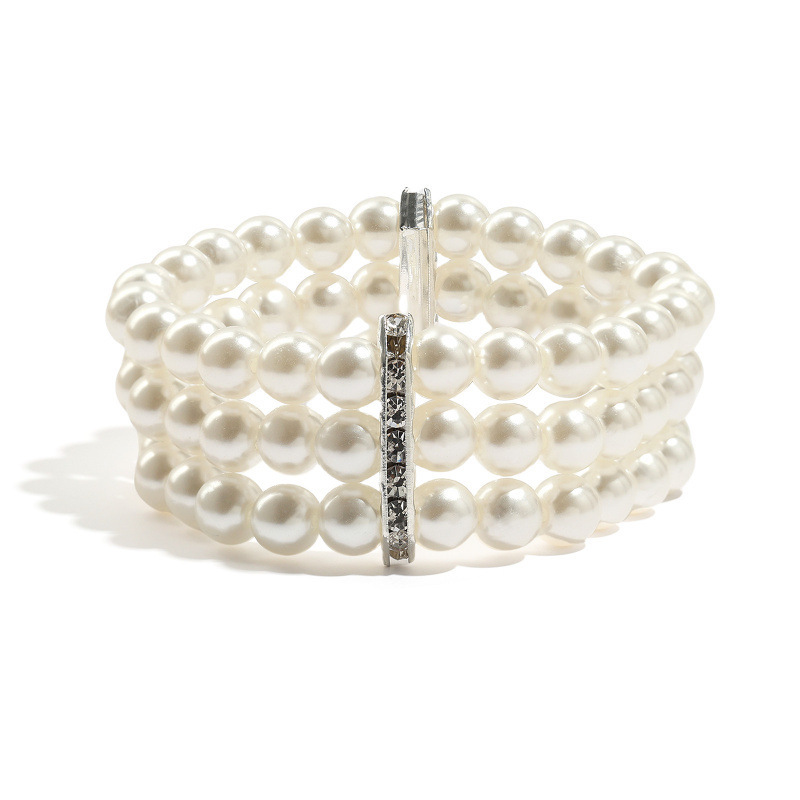Vintage White Pearl Multi-Layer Bracelet Party Gift with Rhinestone Inlay and Spacers, Three-Layer Pearl Prom Bracelet