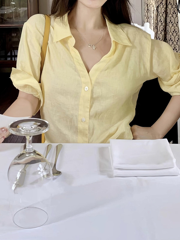 Wuus【Linen Collection】High-Thread-Count Linen Yellow Mid-Sleeve Shirt for Women, Five-Quarter Sleeve Shirt, Cardigan Wuus【Linen Collection】High-Thread-Count Linen Yellow Mid-Sleeve Shirt for Women, Five-Quarter Sleeve Shirt, Cardigan