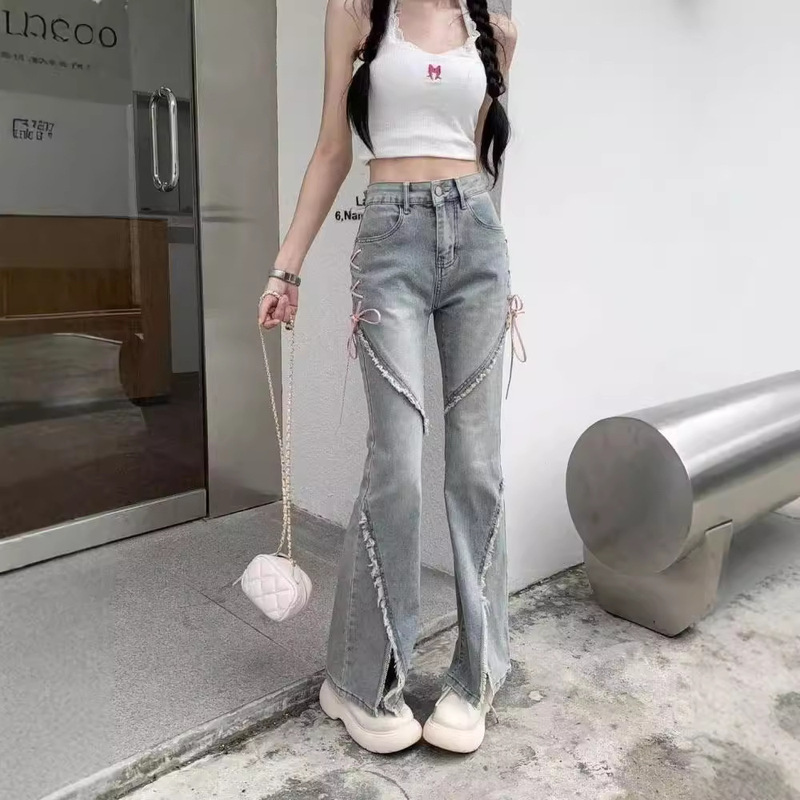 2025 Spring and Autumn American Split Micro Horn Jeans Women's New Strap Design High Waist Small Pants