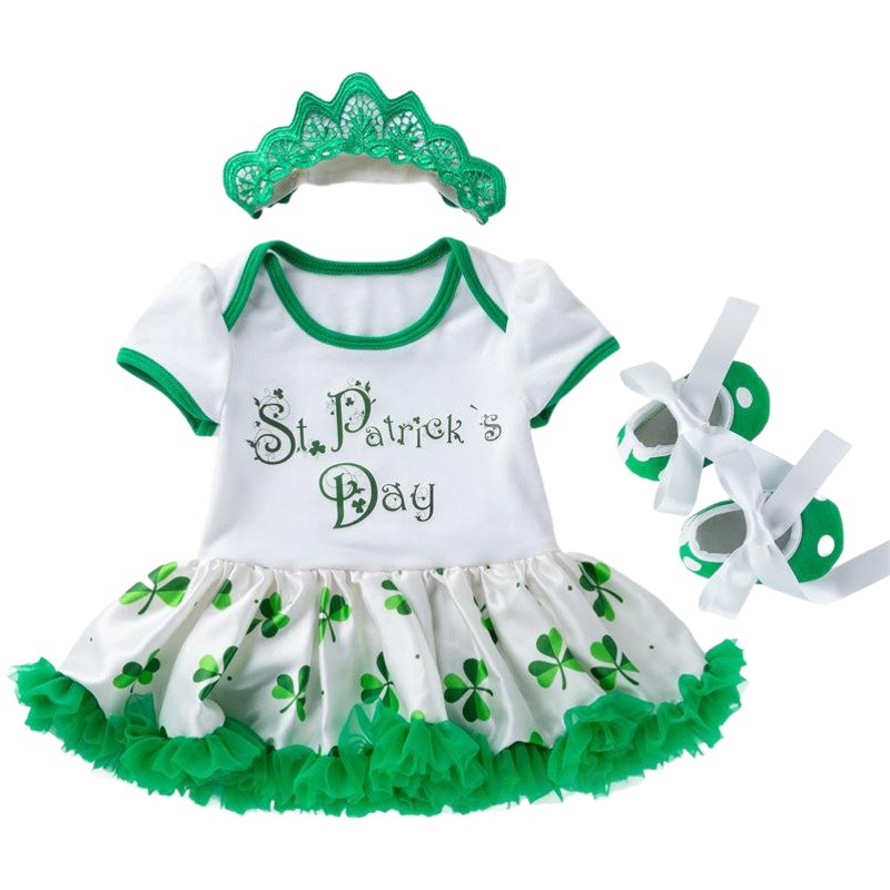 Comercio exterior ropa para bebés ropa para niños San Patricio ropa de fiesta para bebés de manga corta con estampado de mampara y vestidos de fiesta