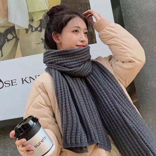 Couple's Style Korean Style Plush Wool Knitted Scarf, Solid Color, for Autumn and Winter, Thick and Warm, Student-Friendly and Versatile