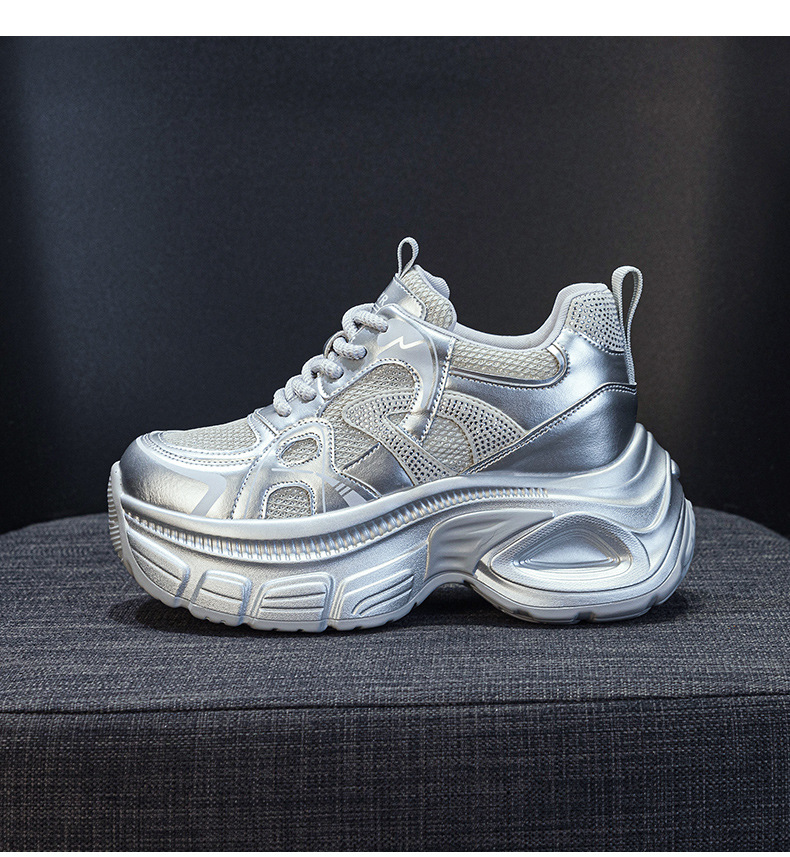 Giày sneaker dad đế dày nữ lưới thoáng khí tăng chiều cao đính đá — M2833 màu be, M2833 màu bạc chi tiết 18