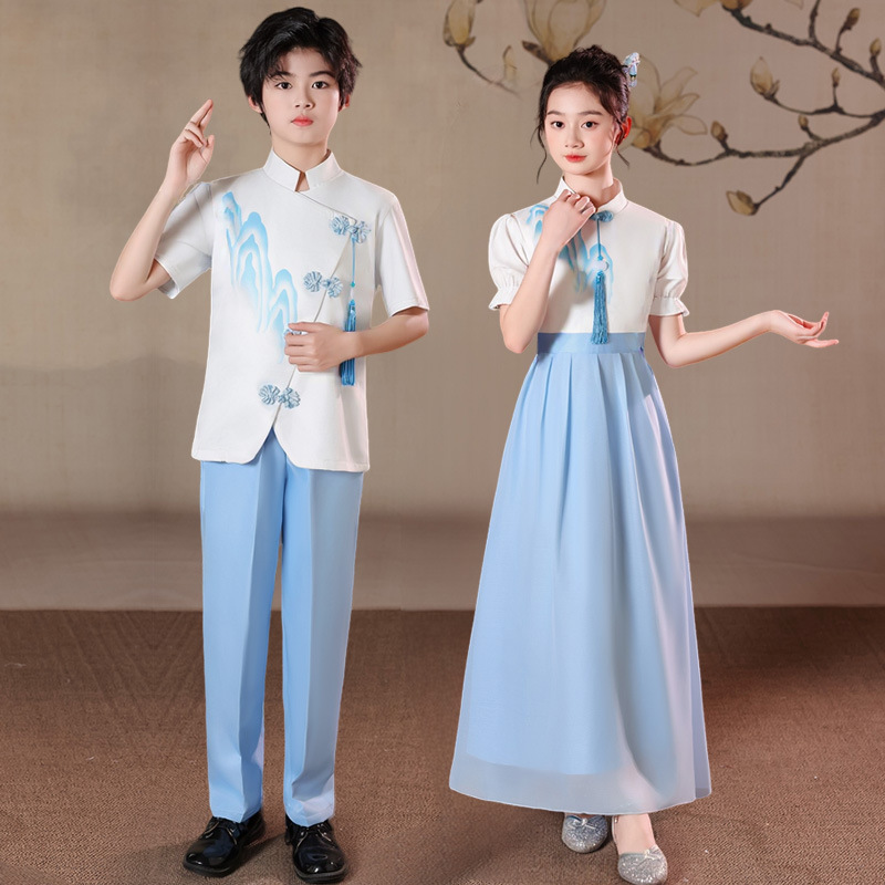 儿童小学生幼儿中国风蓝色女童合唱爱国演讲朗诵比赛礼服演出服装|undefined