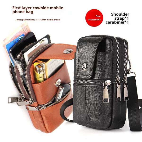New Genuine Leather Waist Bag Wearing Belt Multifunctional Mobile Phone Bag Site Work Mobile Phone Case Men's One-shoulder Crosbody Vertical Hanging Bag