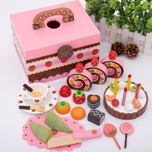 Wooden Girl First Birthday Cake Simulation Fruit Cutout Toy Wooden Boy Kitchen Play House Set